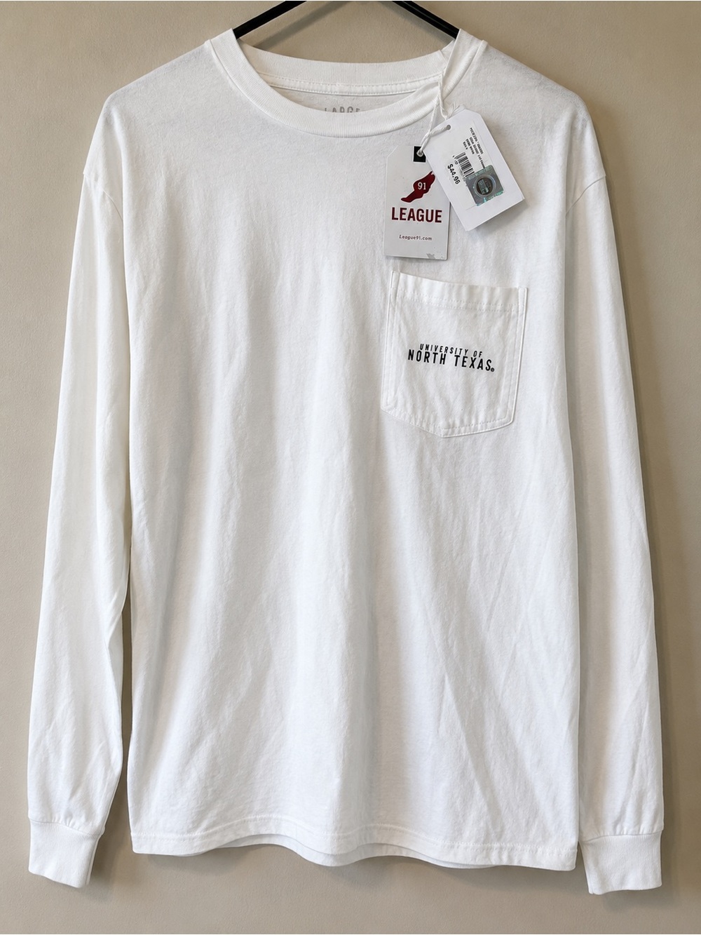 NWT university of North Texas League White Long Sleeve Pocket Tee